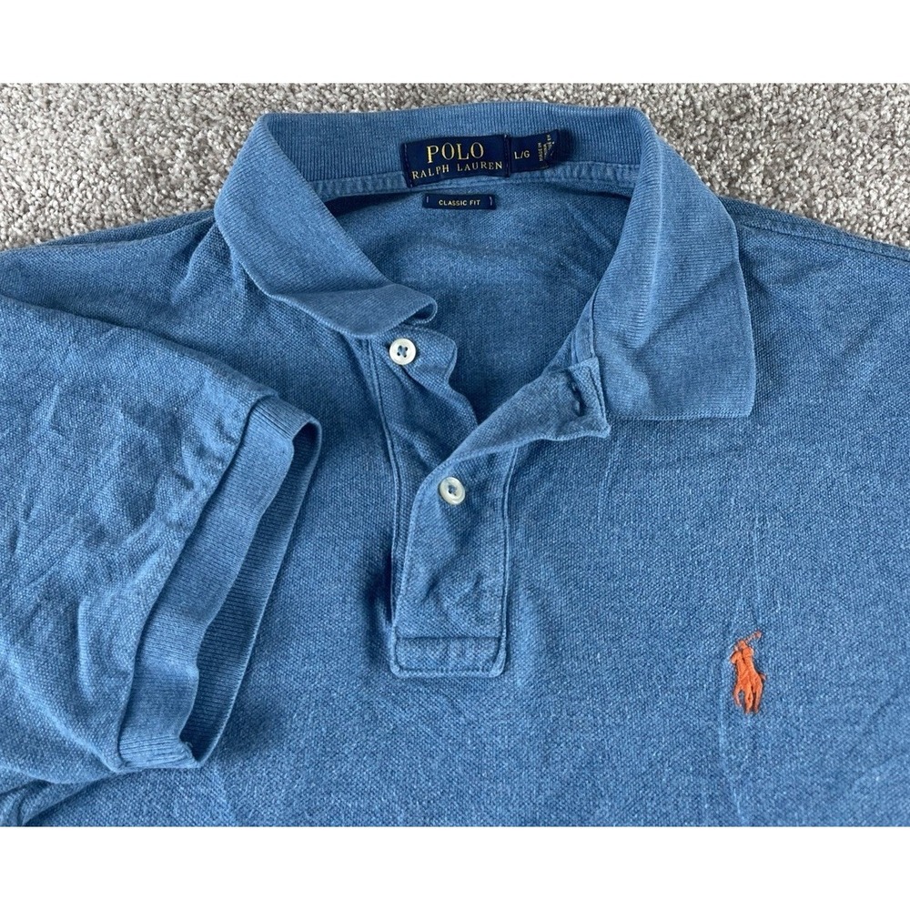 Polo Ralph Lauren Solid Blue Classic Fit Polo Shirt Orange Pony Mens L Preppy